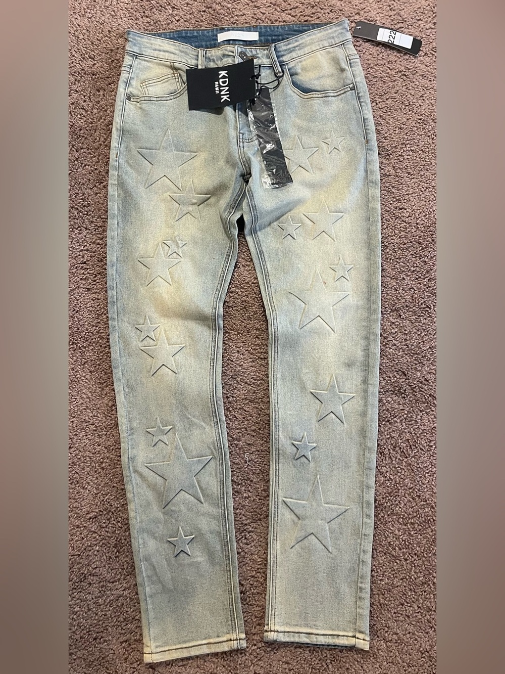 KDNK Men’s Star Embossed Slim Jeans - Light Washed Gray Size 32
